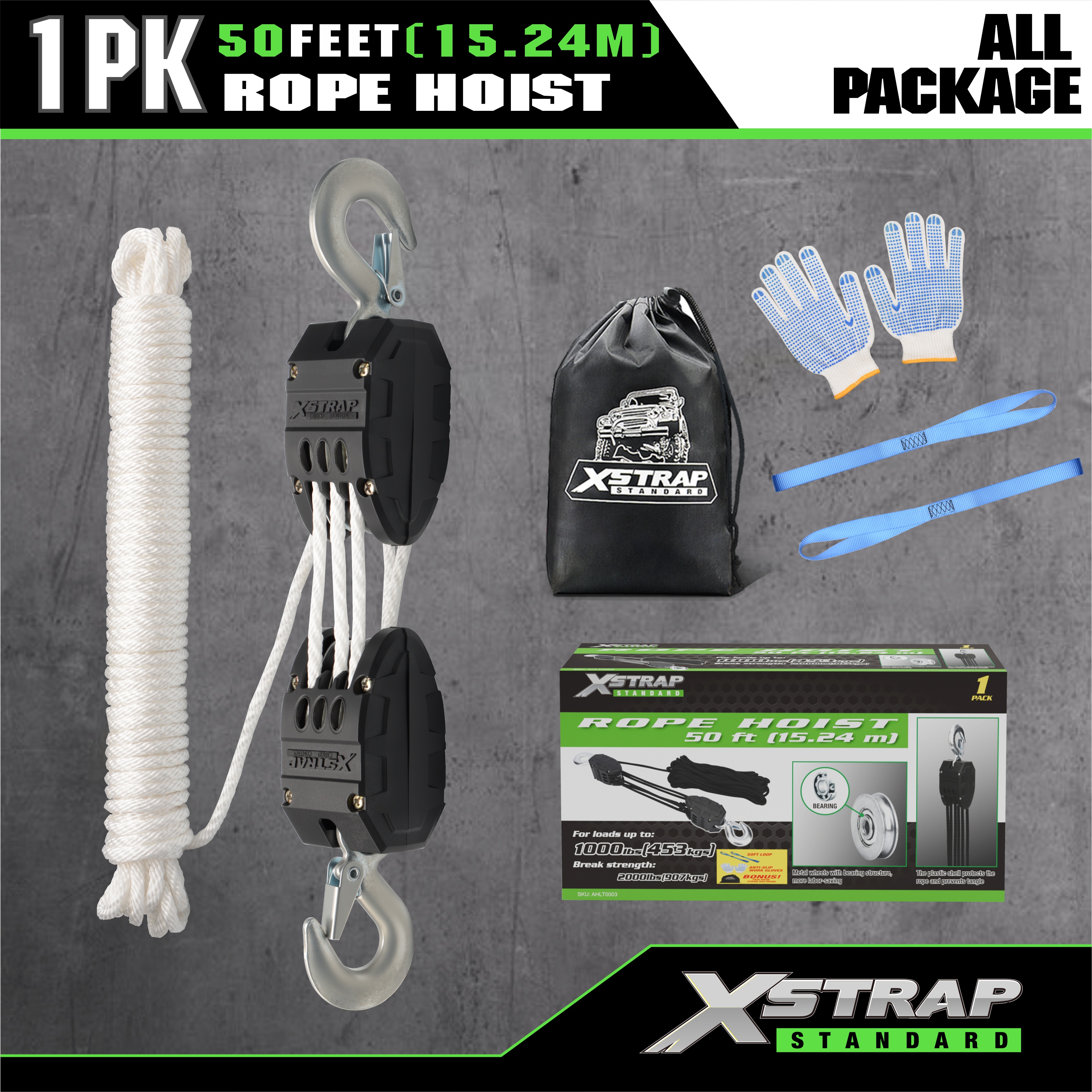 XSTRAP AHLT0003 White Rope Hoist Pulley System 1000LB Capacity