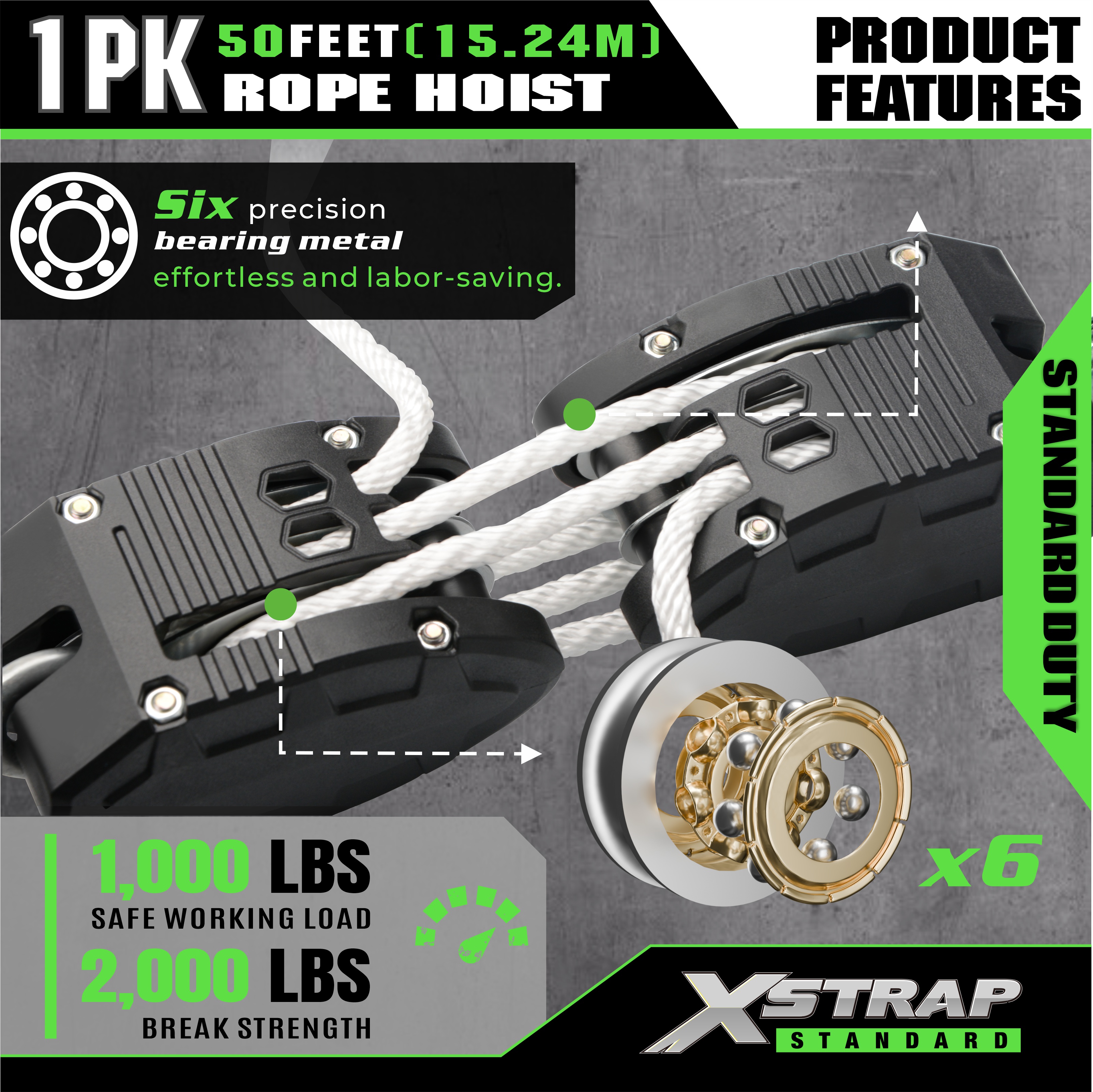 XSTRAP AHLT0003 White Rope Hoist Pulley System 1000LB Capacity