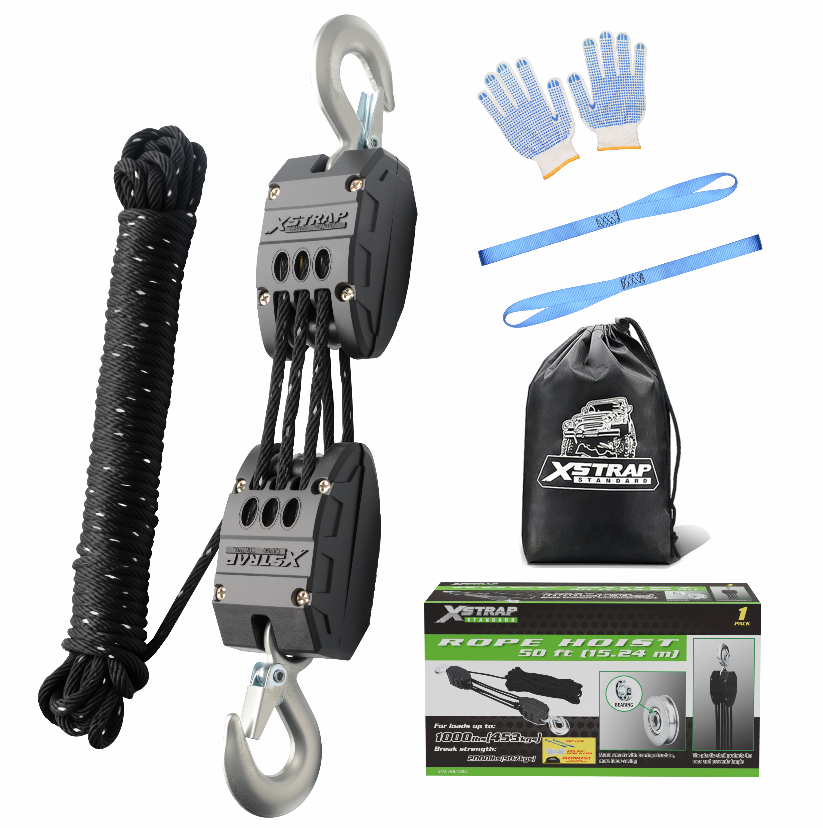 XSTRAP AHLT0003-reflectivum nigrum Funis Hoist Pulley System 1000LB