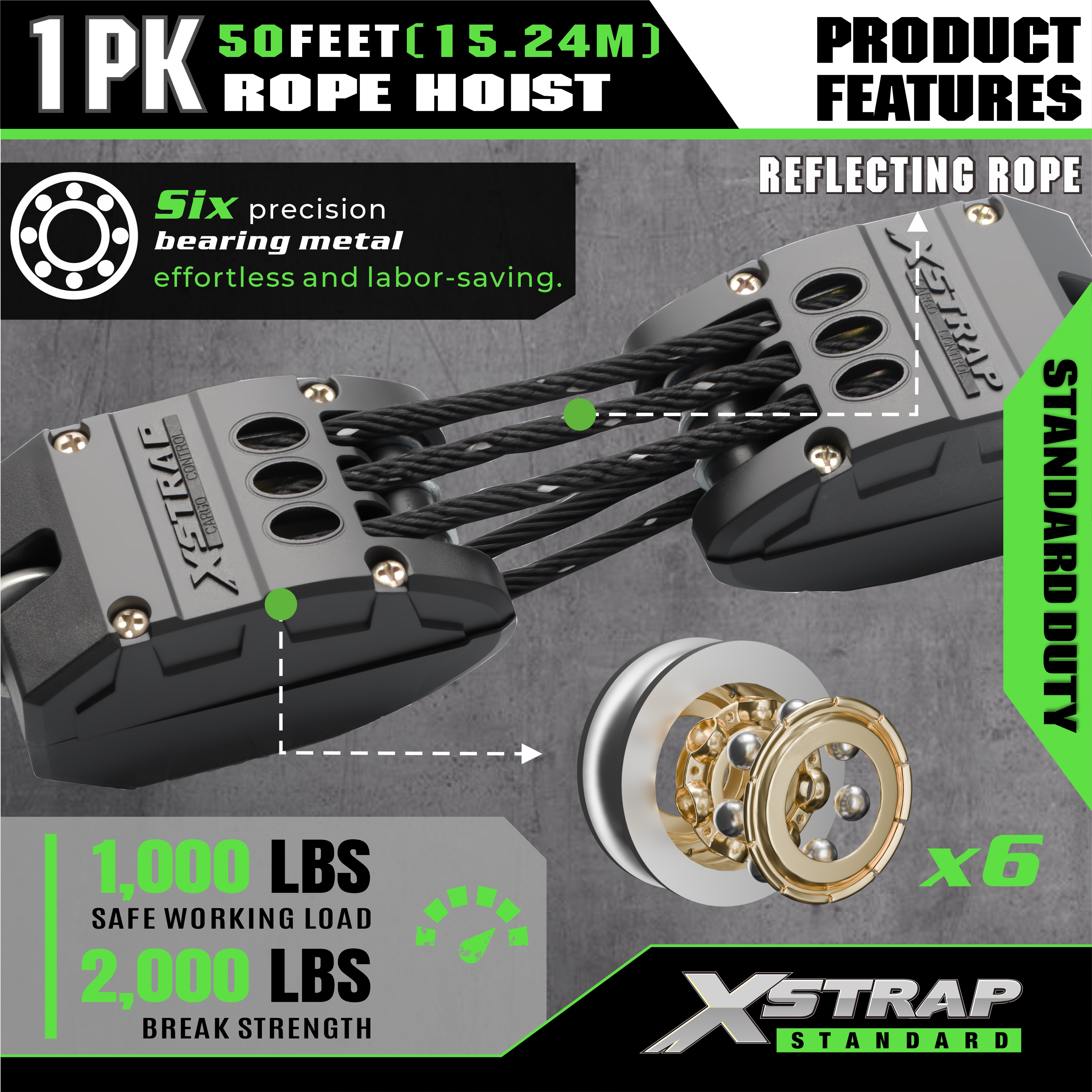 XSTRAP AHLT0003-reflectivum nigrum Funis Hoist Pulley System 1000LB