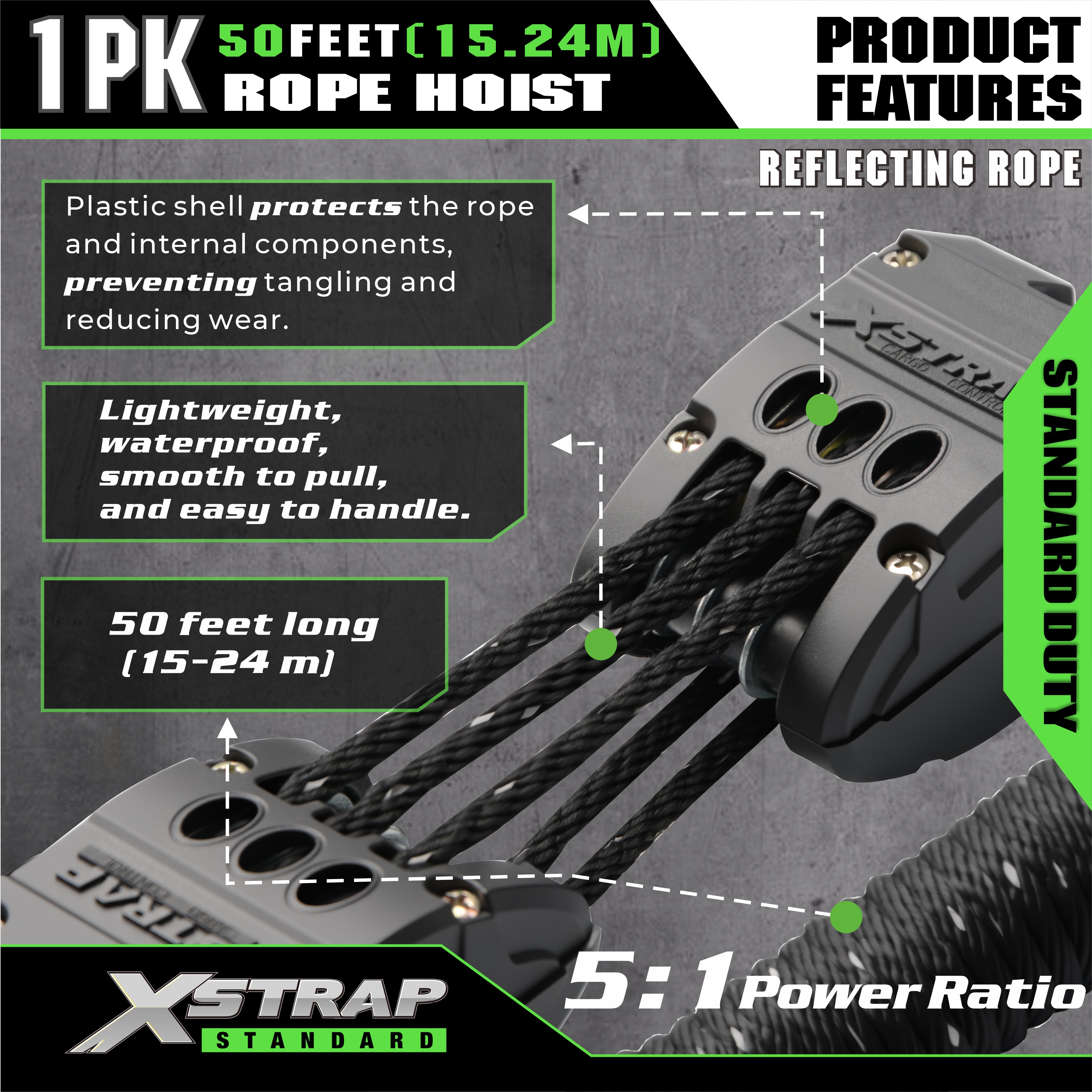 XSTRAP AHLT0003-reflectivum nigrum Funis Hoist Pulley System 1000LB