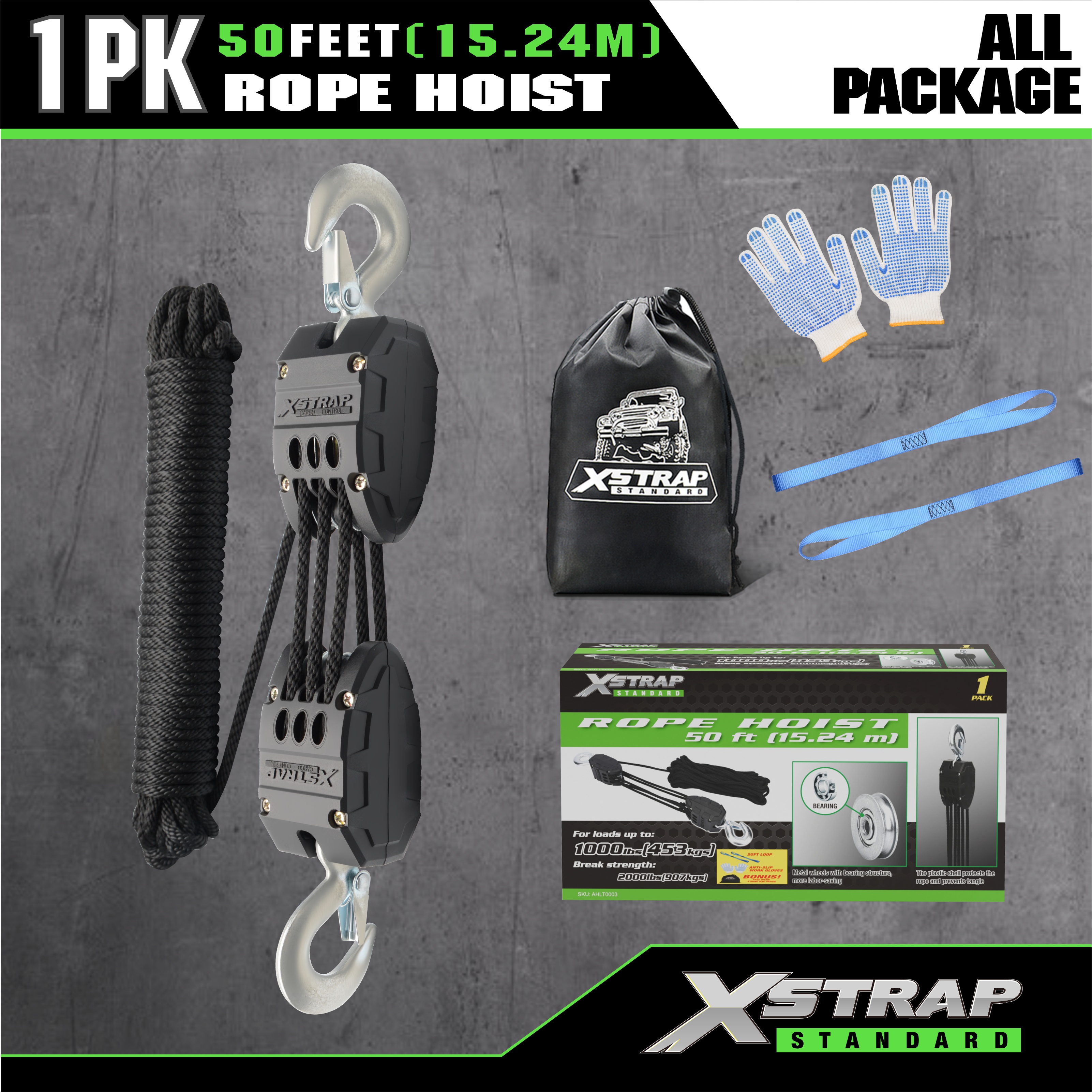 XSTRAP AHLT0003 Black Rope Hoist Pulley System 1000LB