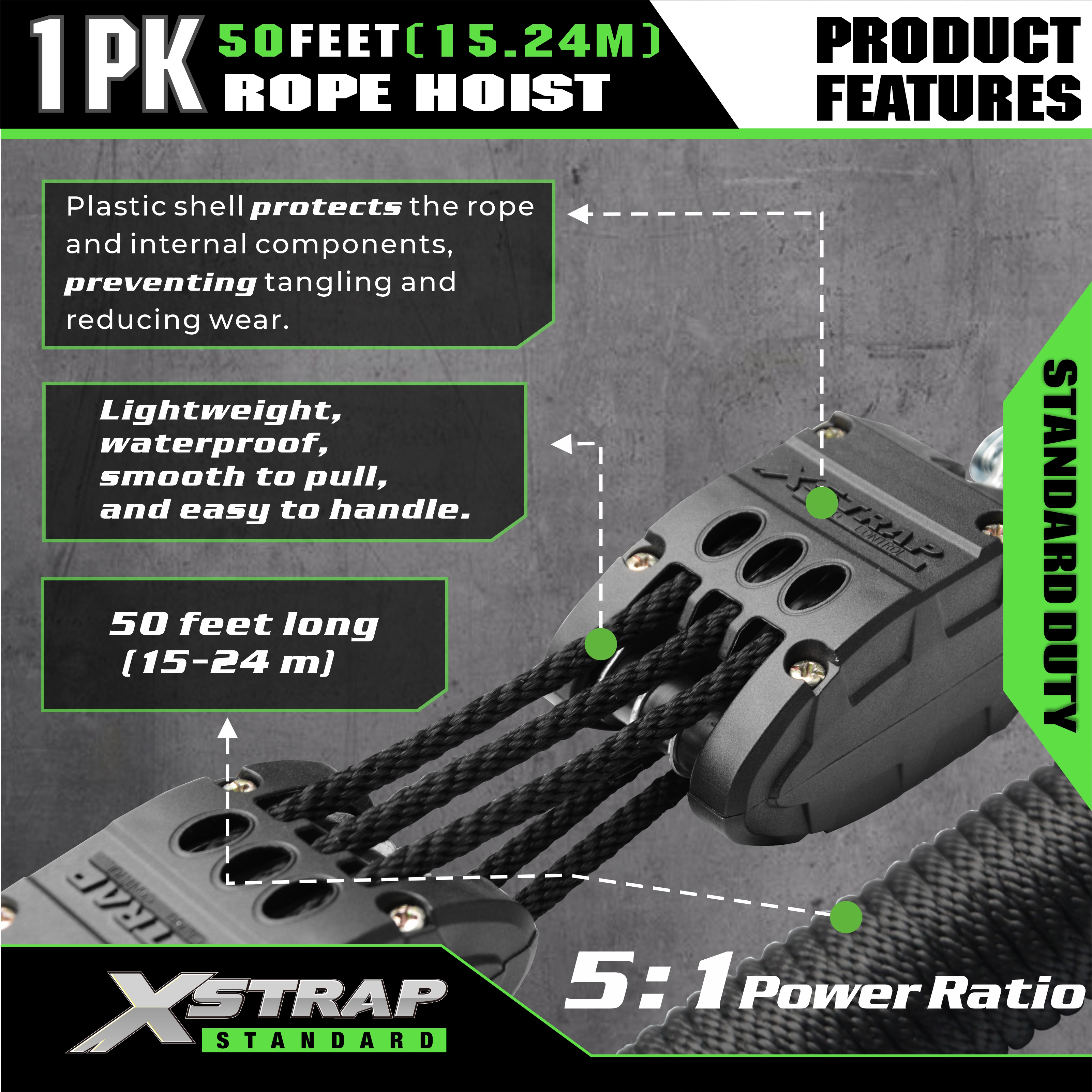 XSTRAP AHLT0003 Black Rope Hoist Pulley System 1000LB