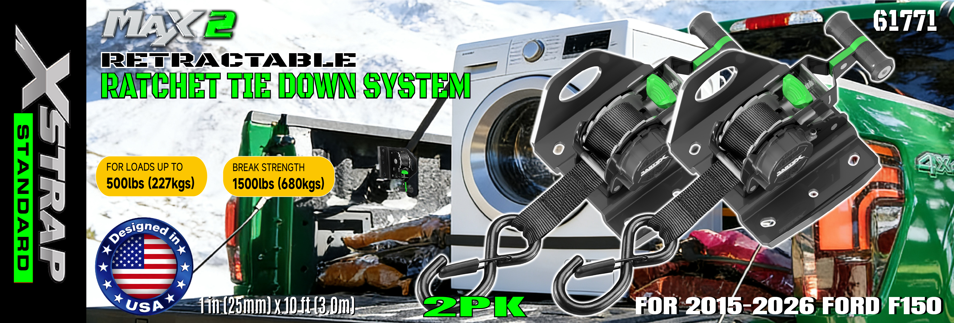 Xstrap 61771 Retractable Ratchet Straps Vices pro F150 Car Accessories 500LB Swl